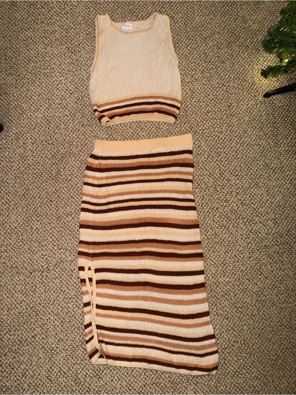 Le Lis Striped Knit Skirt Set in Beige and Brown